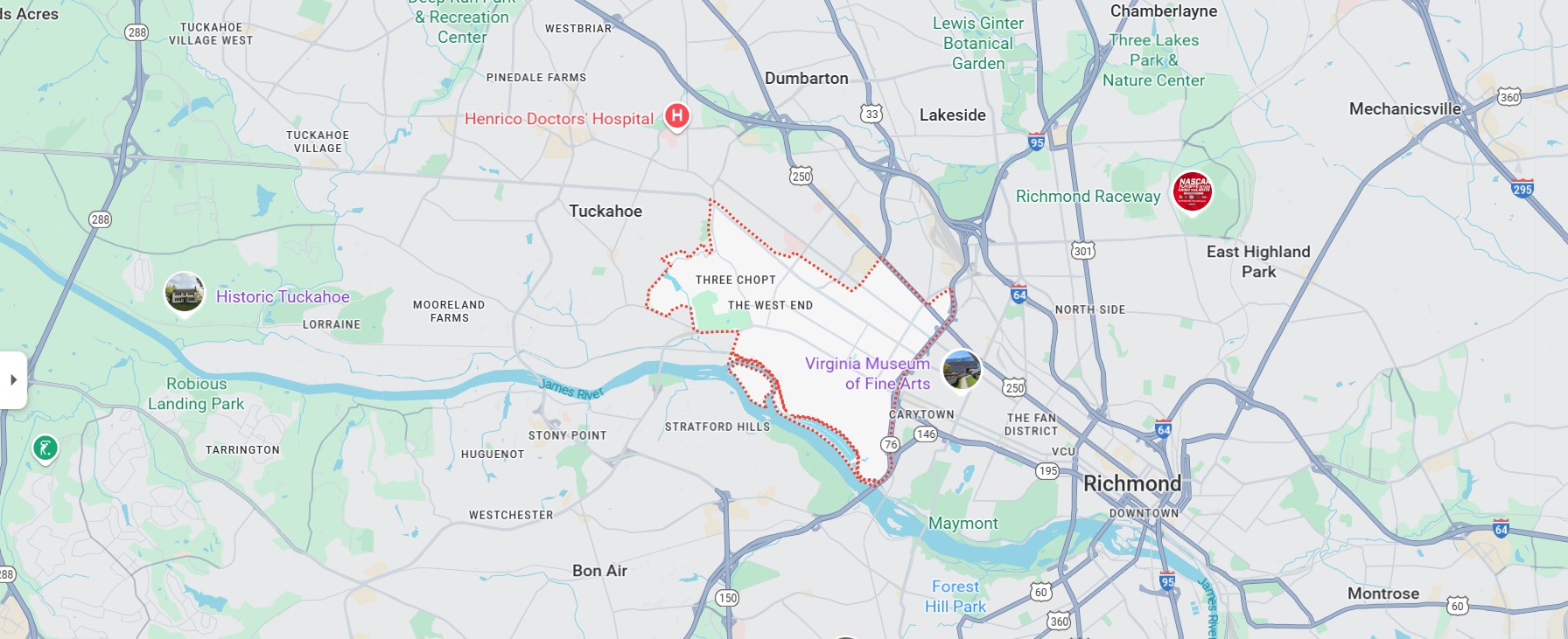 Map of the West End district outside of Richmond Virginia